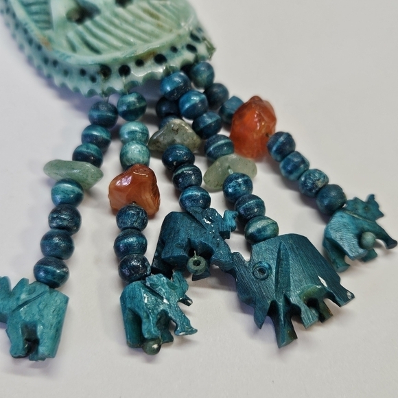 VINTAGE Carved Elephant Beaded Turquoise Large Pendant Fetish Necklace - Picture 3 of 10
